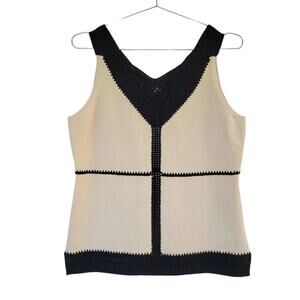 Per Se by Carlisle Sleeveless Blouse Beige Black Crochet Trim Women Size M